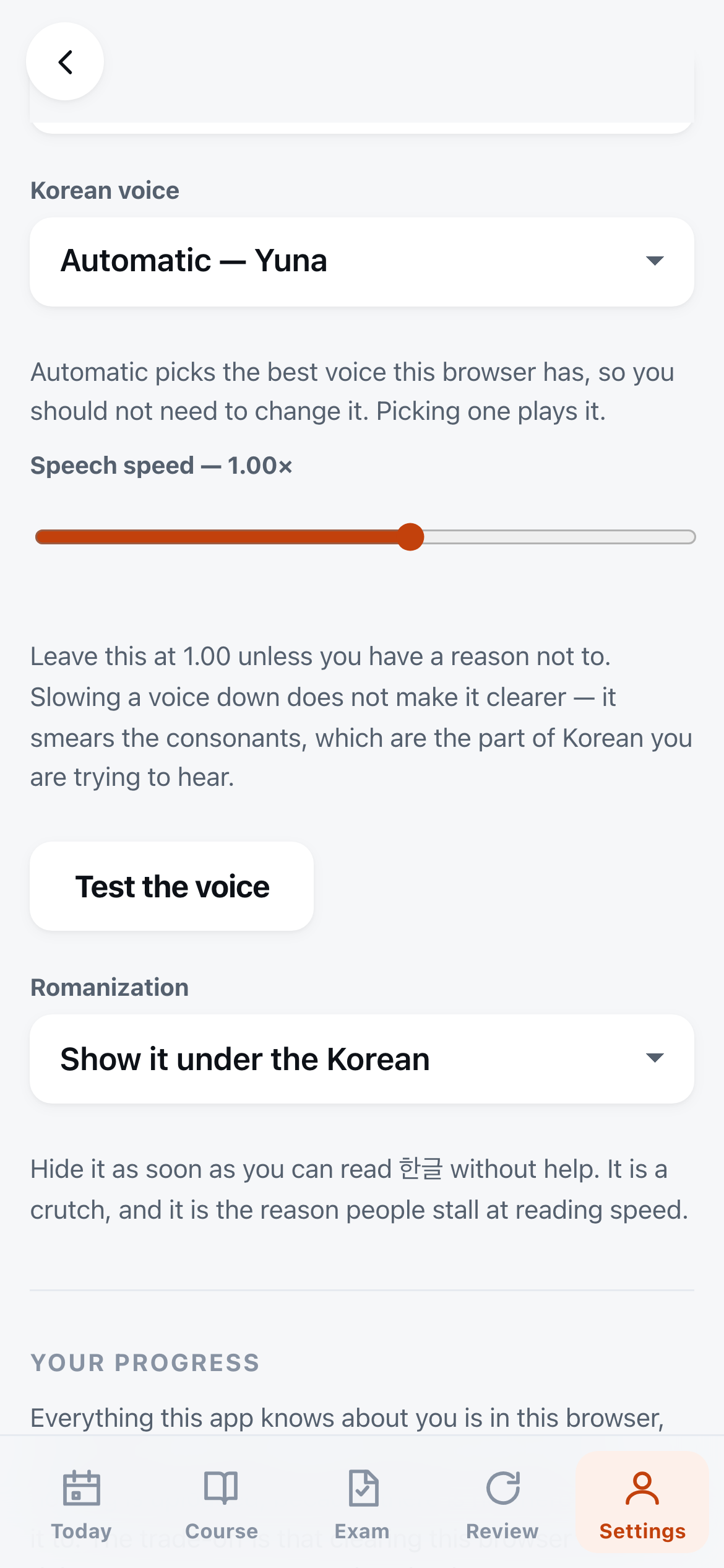 Settings, showing Korean voice set to Automatic — Yuna, Speech speed at 1.00×, and a Test the voice button, with the explanation that slowing a voice down smears the consonants.
