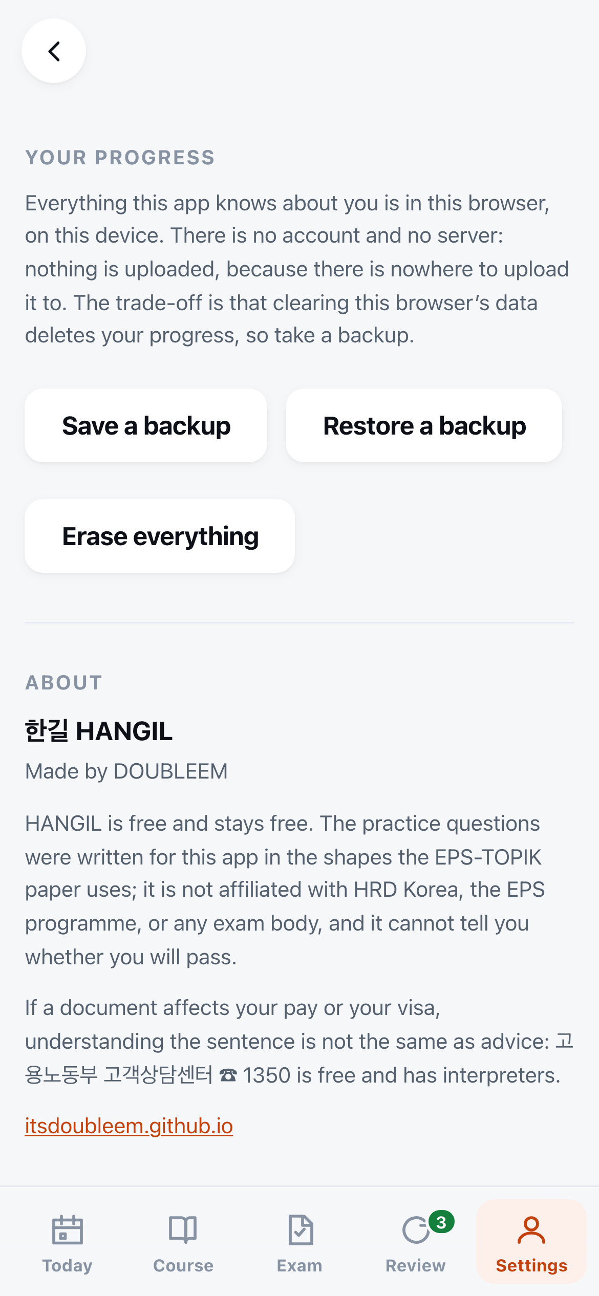 The Your progress section of Settings, saying everything the app knows about you is on this device and that clearing the browser's data deletes your progress, with Save a backup, Restore a backup and Erase everything buttons.